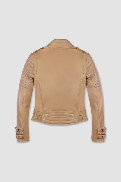 Bravo Bros Women’s Beige Biker Café Racer Leather Jacket