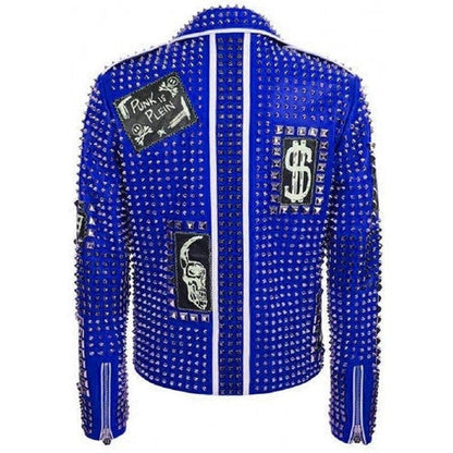 Men’s Blue Spiked Patchwork Moto Jacket