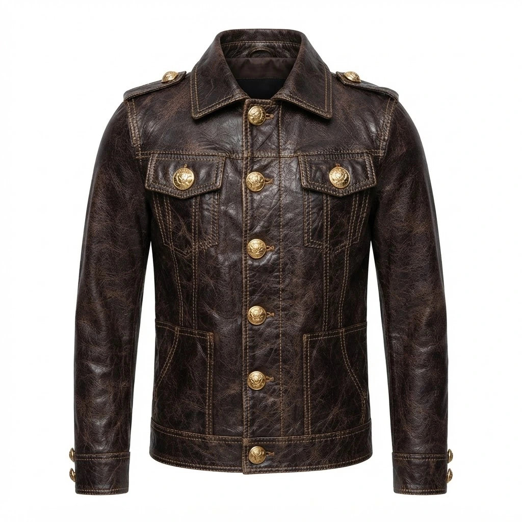 Men’s Brown Military Style Leather Jacket