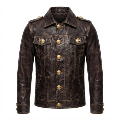 Men’s Brown Military Style Leather Jacket