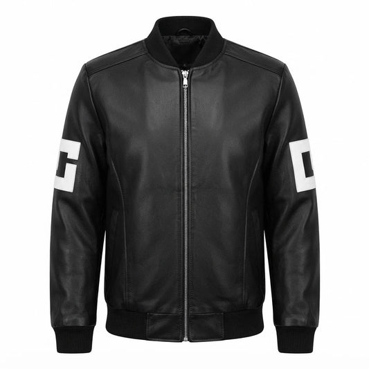 8 Ball Classic Black Leather Bomber Jacket front view featuring black genuine leather, ribbed collar, and contrast 8-ball sleeve graphics