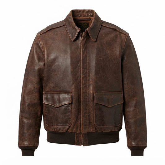80s Vintage A-2 Flight Military Leather Jacket front view featuring distressed dark brown genuine leather, snap collar, and patch pockets