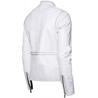 Men’s White Studded Brando Biker Leather Jacket