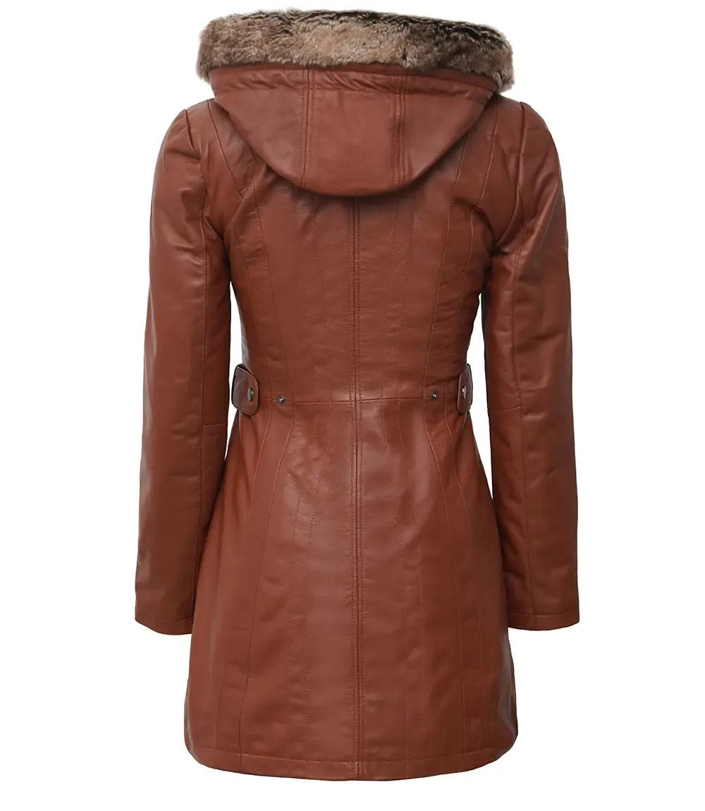 Women’s Brown Leather Shearling Hooded Coat – Cozy & Stylish by Bravo Bros