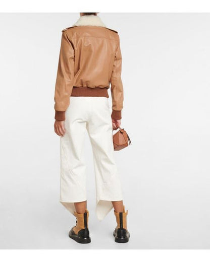 Women’s Tan Brown Shearling Bomber Jacket – Premium Leather Warmth
