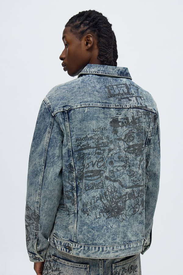 Verbiage Distressed Denim Trucker Jacket