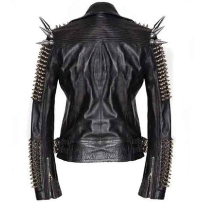 Men’s Black Longline Leather Jacket with Silver Spikes
