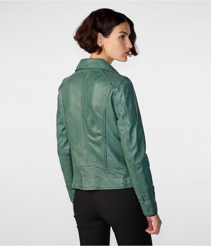 Bravo Bros Women’s Sea Green Distressed Leather Biker Jacket
