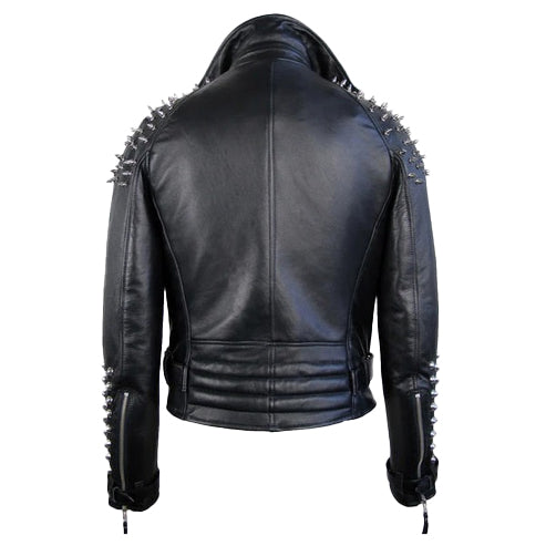 Men’s Classic Black Leather Spike-Trim Jacket