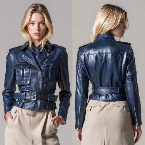 Bravo Bros Women’s Cropped Blue Leather Trench Jacket with Belt