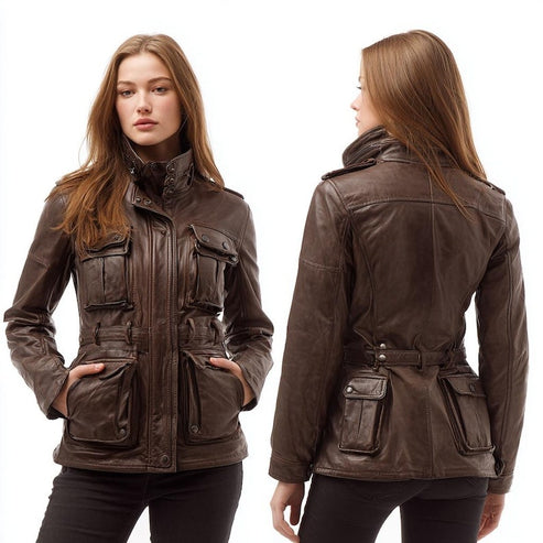 Bravo Bros Women’s Brown Leather Utility Jacket – Belted Military Style