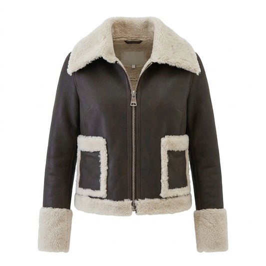 Black Borg Trim Cropped Leather Shearling Jacket