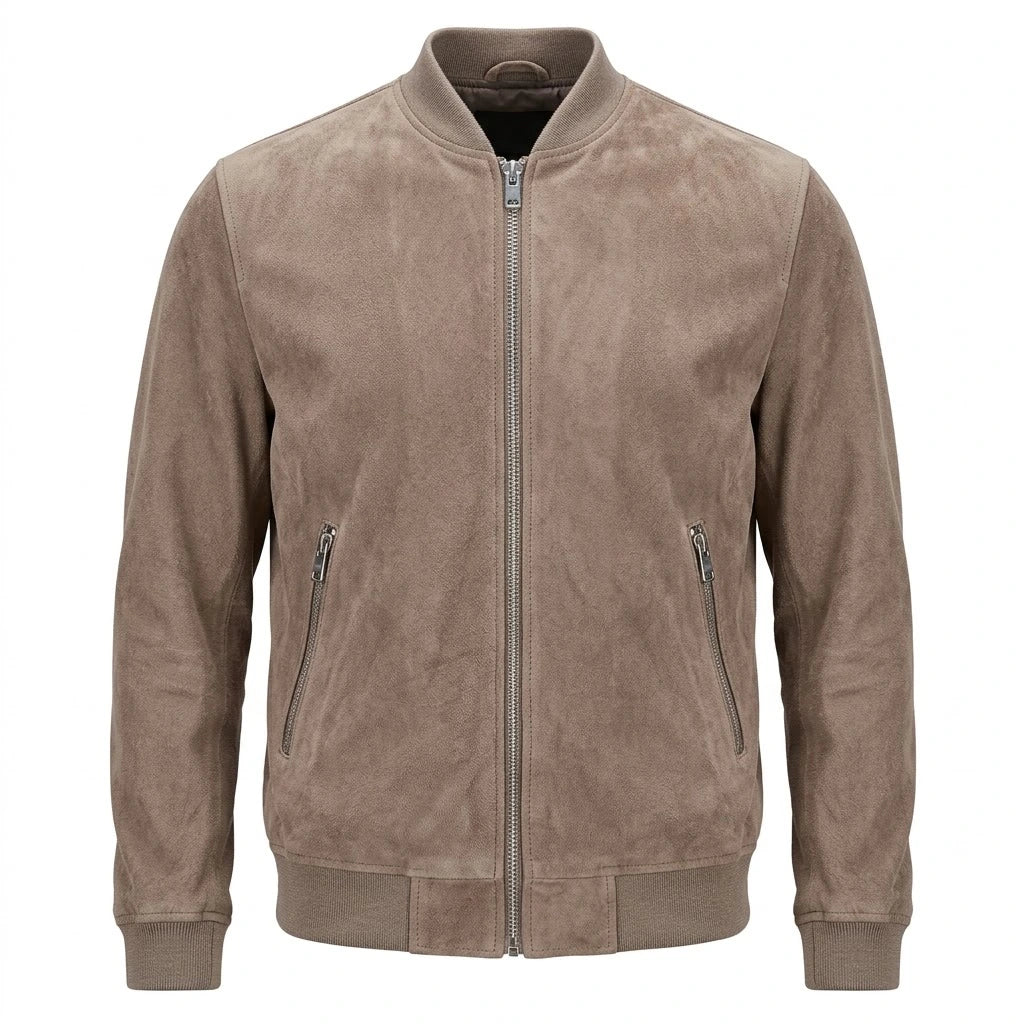 Bravo Race Wear Rolf Grey Suede Leather Bomber Jacket front view with zip closure