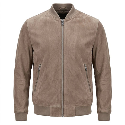 Bravo Race Wear Rolf Grey Suede Leather Bomber Jacket front view with zip closure