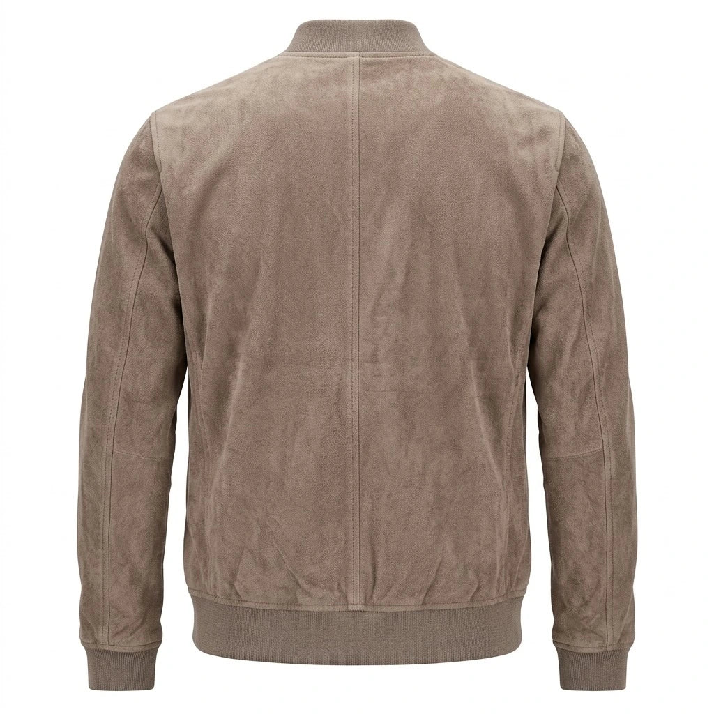 Bravo Race Wear  Rolf Grey Suede Leather Bomber Jacket front view with zip closure