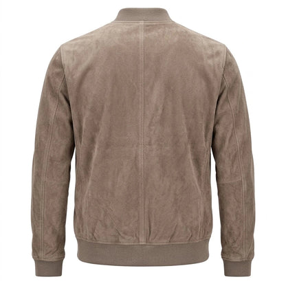 Bravo Race Wear  Rolf Grey Suede Leather Bomber Jacket front view with zip closure