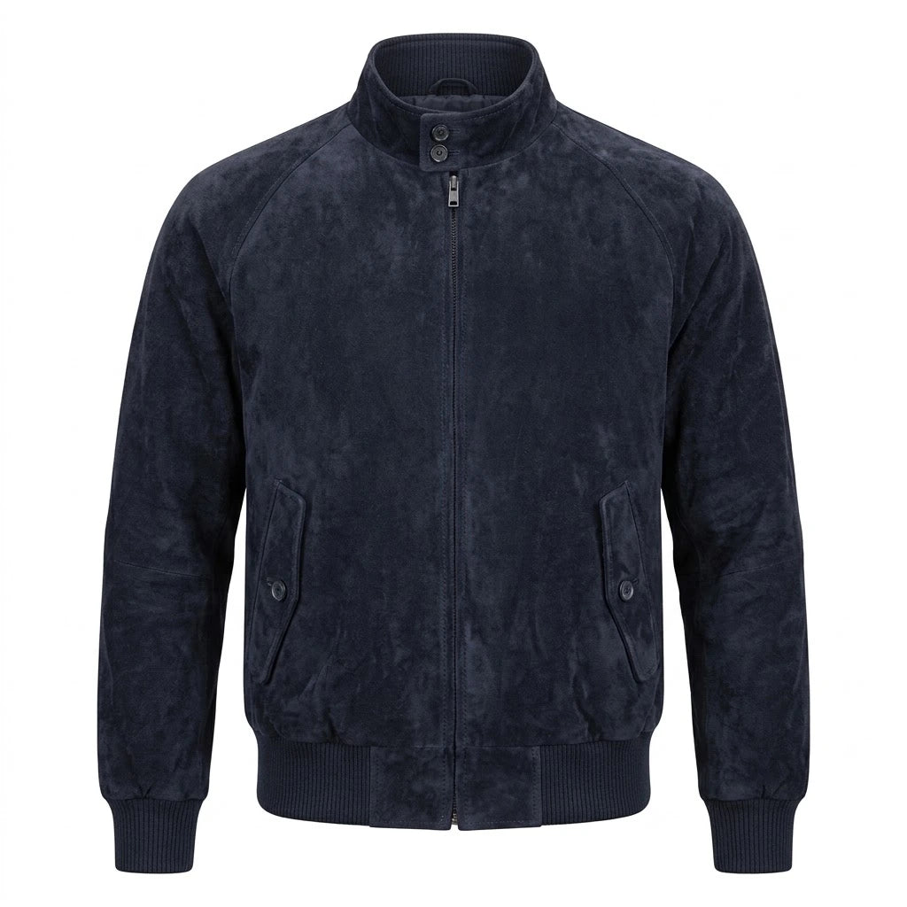 Bravo Race Wears Admiral Navy Blue Suede Leather Bomber Jacket front view with button collar