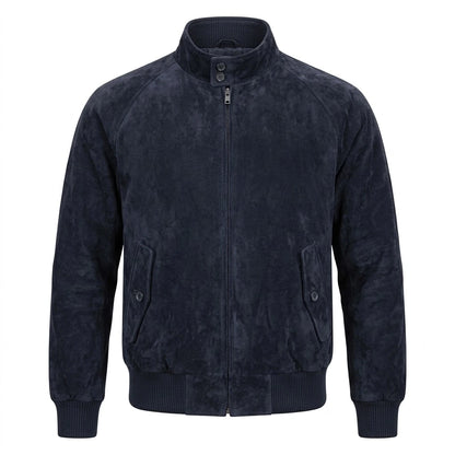Bravo Race Wears Admiral Navy Blue Suede Leather Bomber Jacket front view with button collar