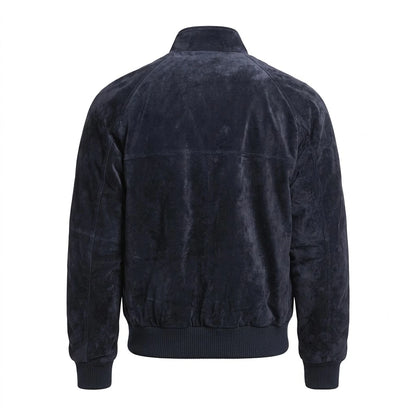 Bravo Race Wears Admiral Navy Blue Suede Leather Bomber Jacket front view with button collar