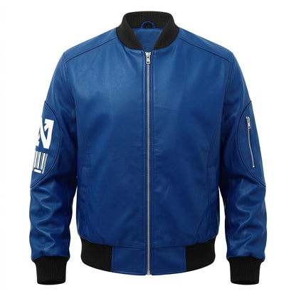Bravo Race Wears  Men’s 8 Ball Blue Leather Bomber Jacket front view with zip closure