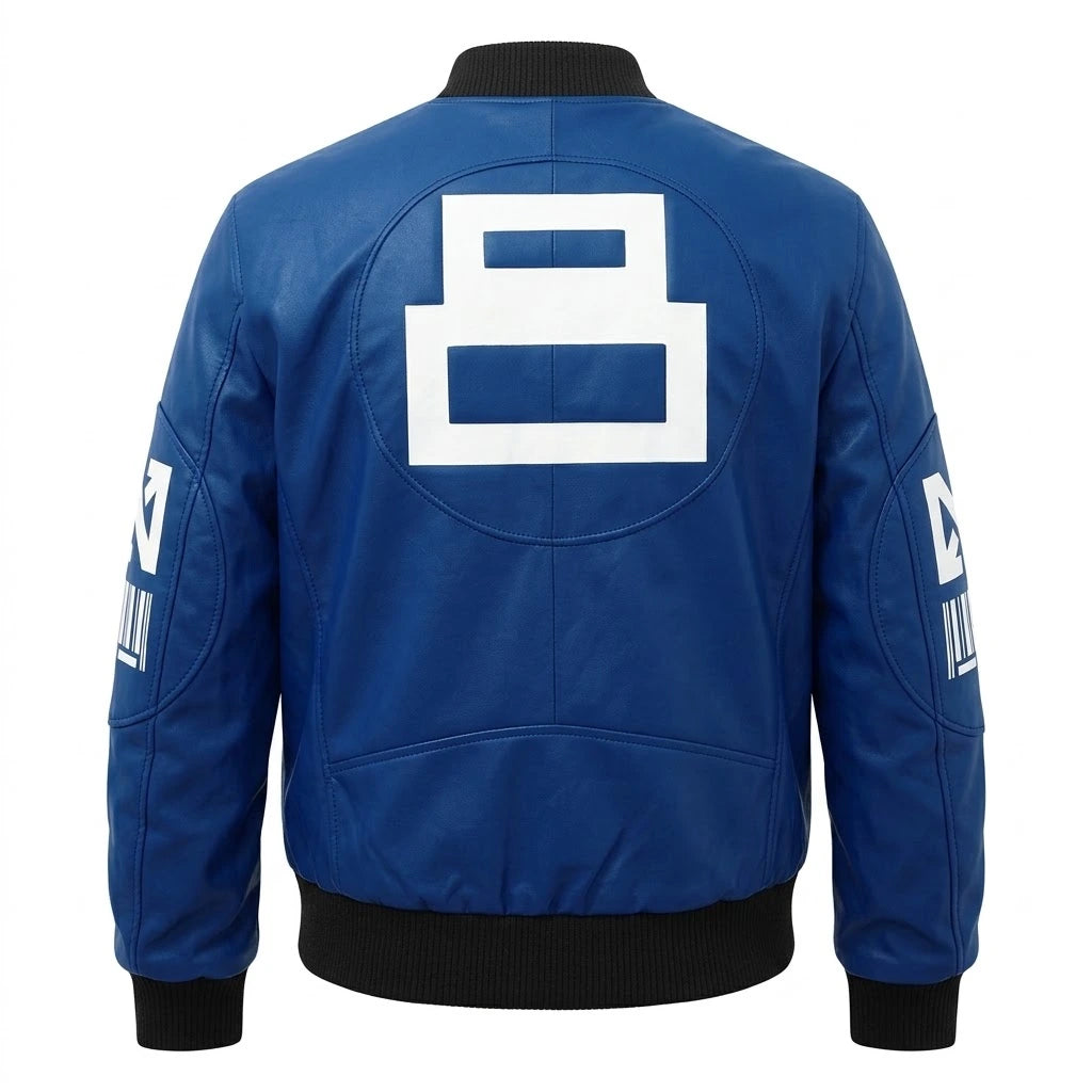 Bravo Race Wears Men’s 8 Ball Blue Leather Bomber Jacket front view with zip closure