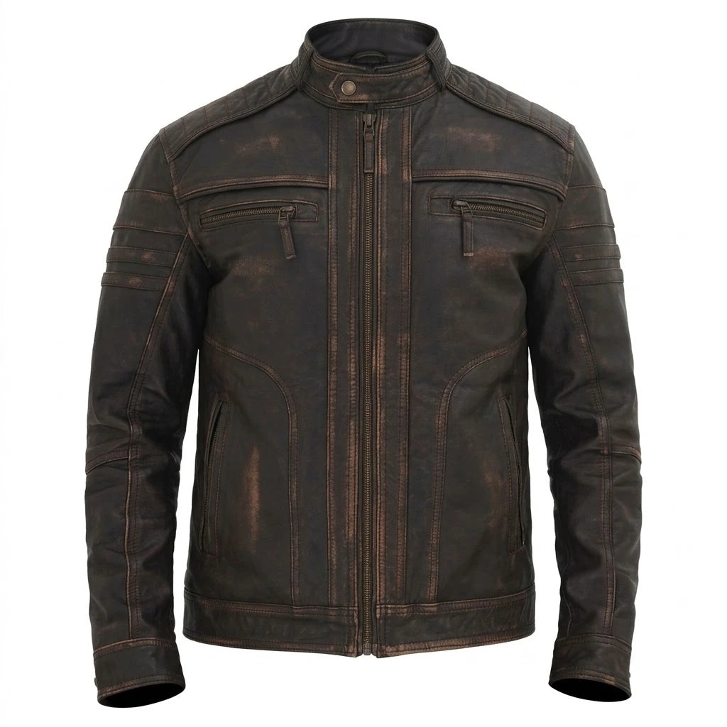 Bravo Race Wears Men’s Distressed Brown Cafe Racer Jacket front view with snap tab collar