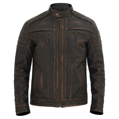 Bravo Race Wears Men’s Distressed Brown Cafe Racer Jacket front view with snap tab collar