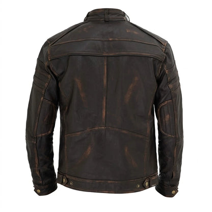 Bravo Race Wears Men’s Distressed Brown Cafe Racer Jacket front view with snap tab collar