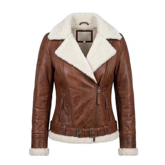 Gela Waxed Brown Leather Jacket with Fur Collar