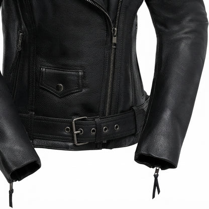Iris women's motorcycle leather jacket front view showing purple contrast lapels, asymmetric zipper, waist belt, and black leather finish.