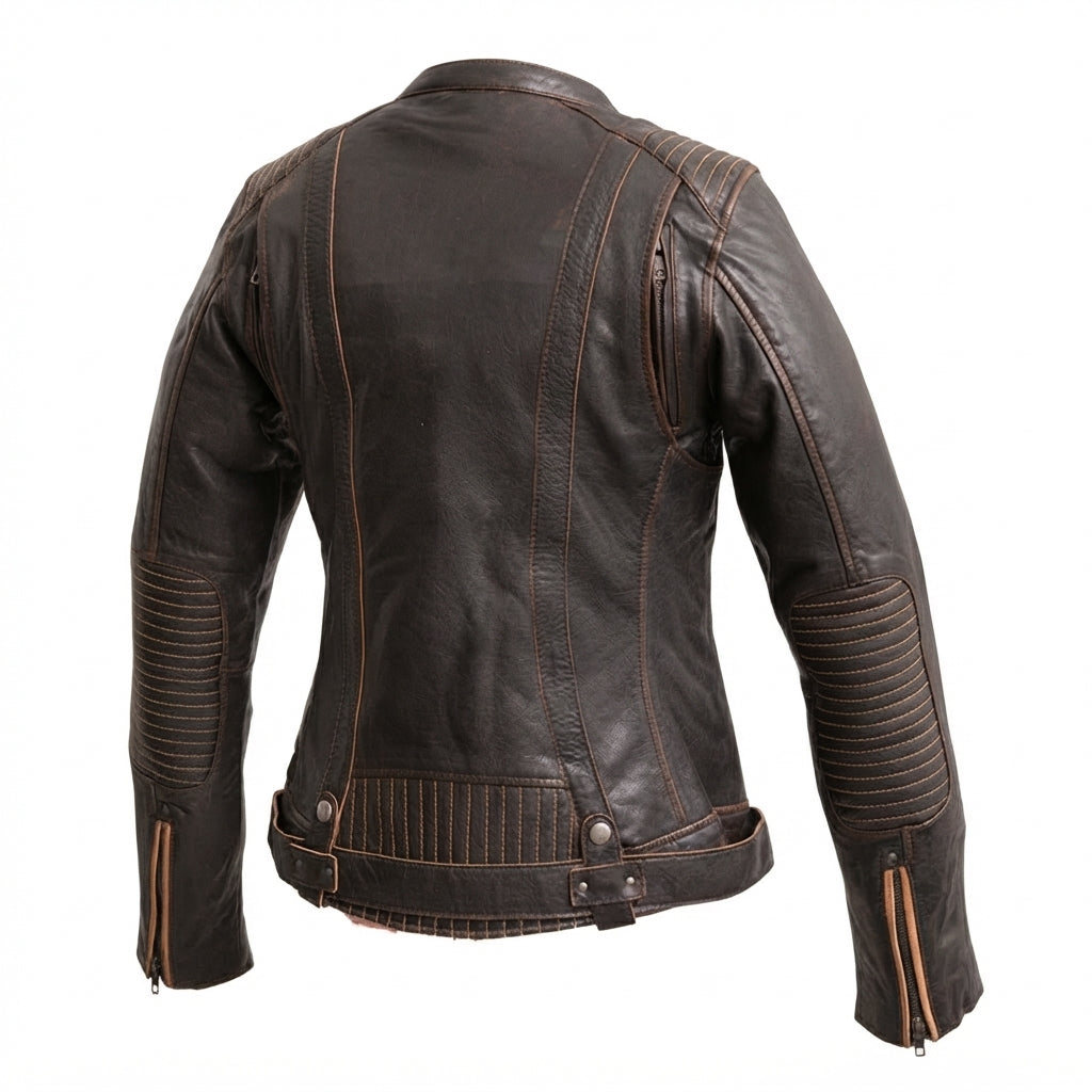 Electra women's leather motorcycle jacket front view showing distressed brown leather, contrast tan piping, and mandarin collar.