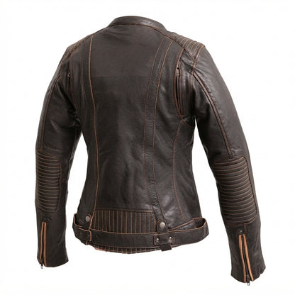 Electra women's leather motorcycle jacket front view showing distressed brown leather, contrast tan piping, and mandarin collar.