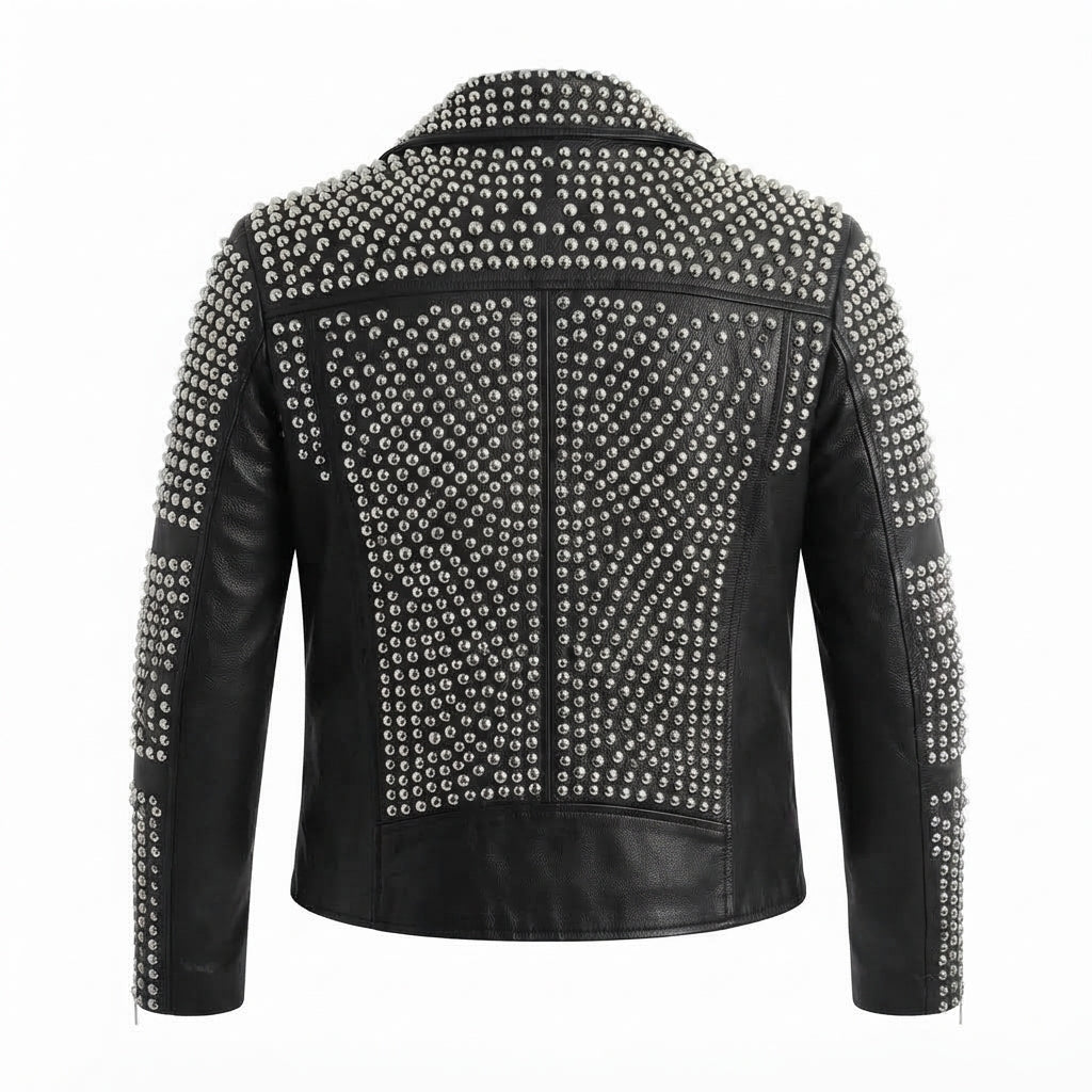 Men’s Studded Black Leather Biker Jacket back view featuring metallic studs, asymmetrical zipper, zippered pockets, and white background   