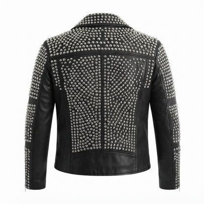Men’s Studded Black Leather Biker Jacket back view featuring metallic studs, asymmetrical zipper, zippered pockets, and white background   