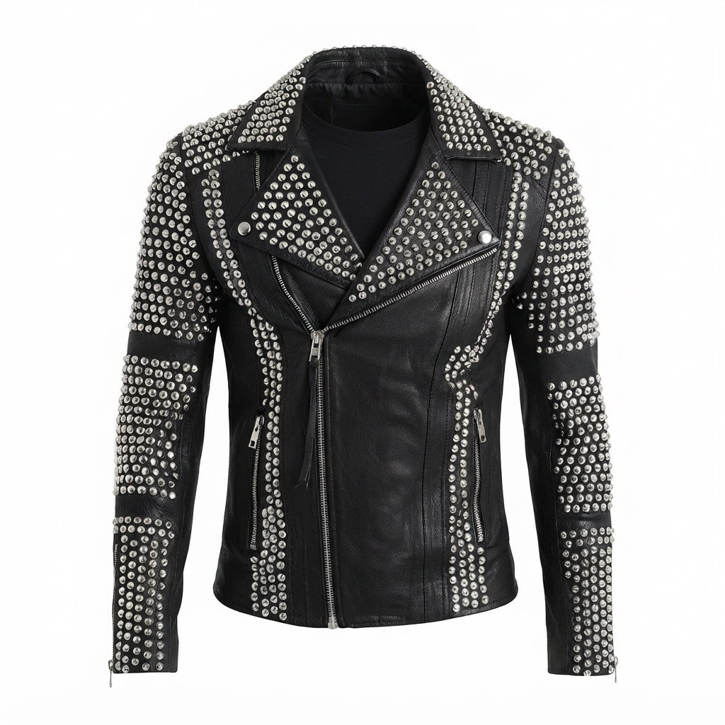 Men’s Studded Black Leather Biker Jacket front view featuring metallic studs, asymmetrical zipper, zippered pockets, and white background   