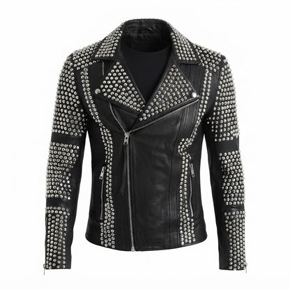 Men’s Studded Black Leather Biker Jacket front view featuring metallic studs, asymmetrical zipper, zippered pockets, and white background   