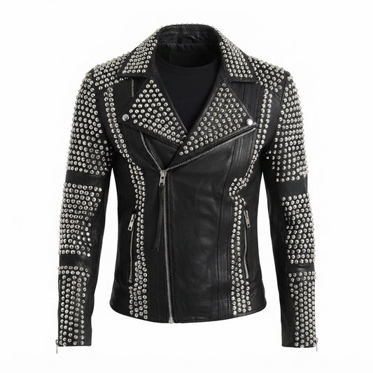 Men’s Studded Black Leather Biker Jacket front view featuring metallic studs, asymmetrical zipper, zippered pockets, and white background   