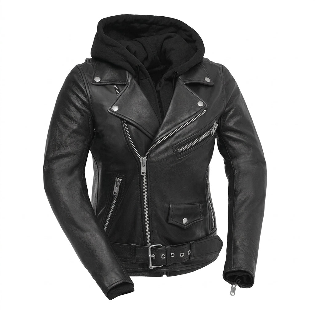 Ryman women's motorcycle leather jacket front view showing asymmetric zipper, waist belt, and detachable black hoodie insert.
