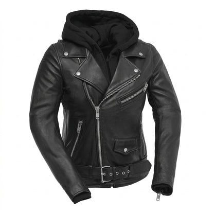 Ryman women's motorcycle leather jacket front view showing asymmetric zipper, waist belt, and detachable black hoodie insert.