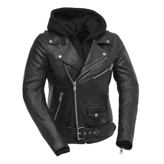 Ryman women's motorcycle leather jacket front view showing asymmetric zipper, waist belt, and detachable black hoodie insert.