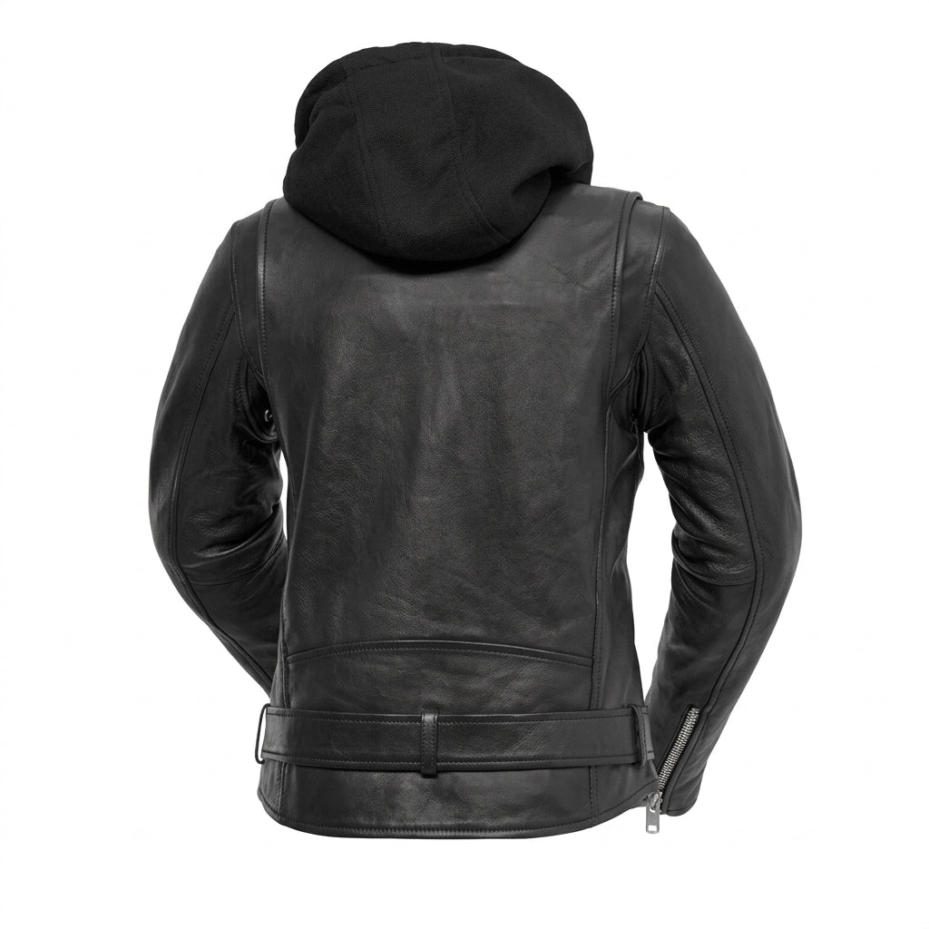 Ryman women's motorcycle leather jacket front view showing asymmetric zipper, waist belt, and detachable black hoodie insert.