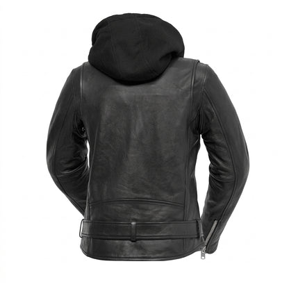 Ryman women's motorcycle leather jacket front view showing asymmetric zipper, waist belt, and detachable black hoodie insert.