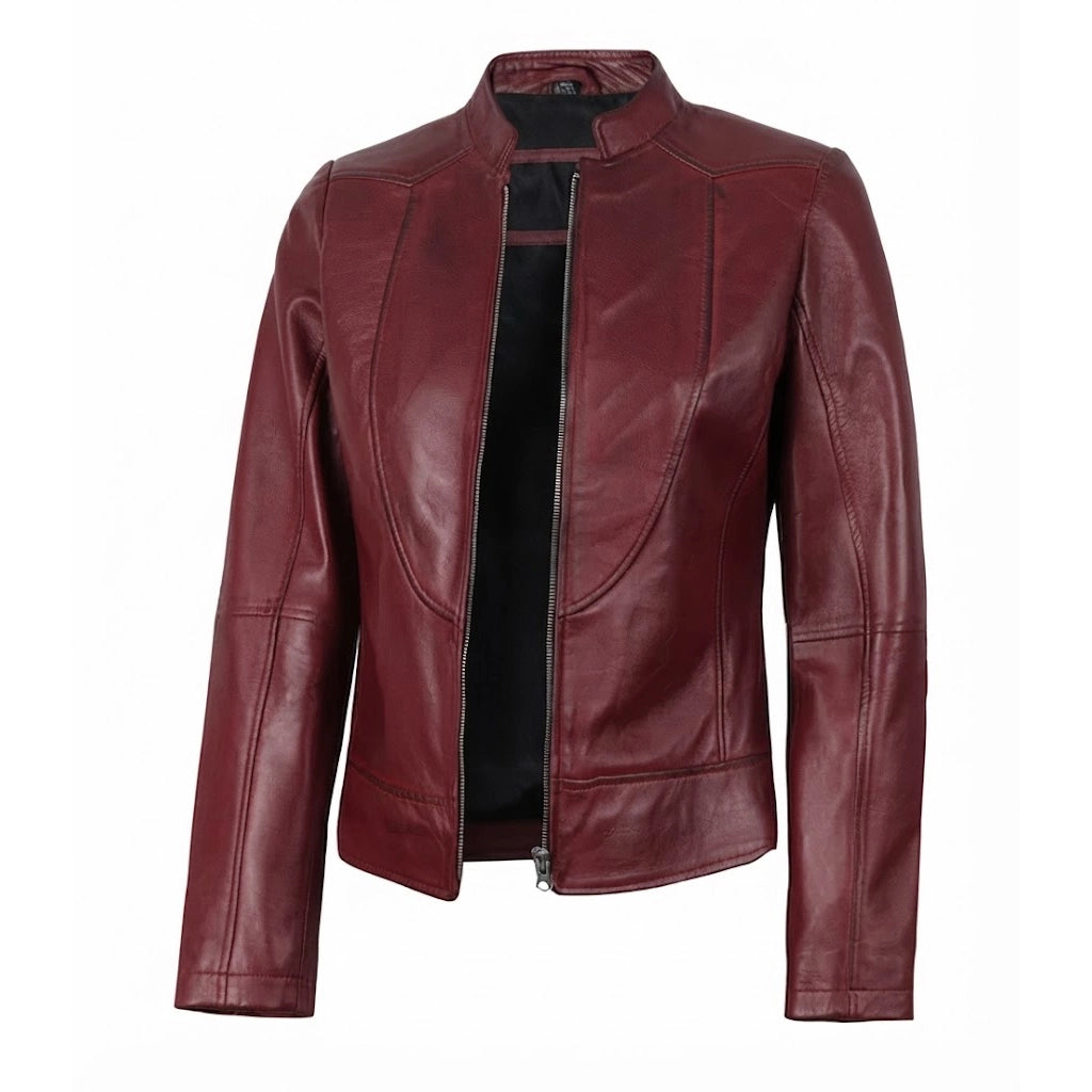 Women's slim fit burgundy leather jacket front view showing mandarin collar and full front zipper.