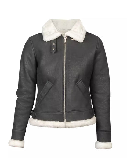 Women’s B-3 Black & White Leather Bomber Jacket