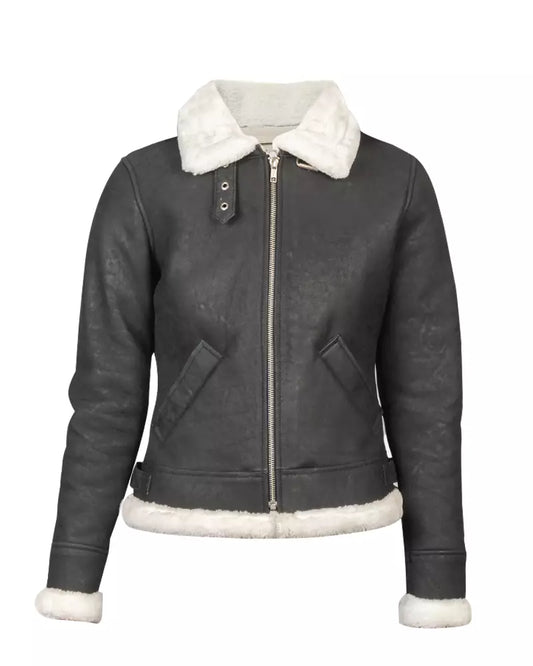 Women’s B-3 Black & White Leather Bomber Jacket