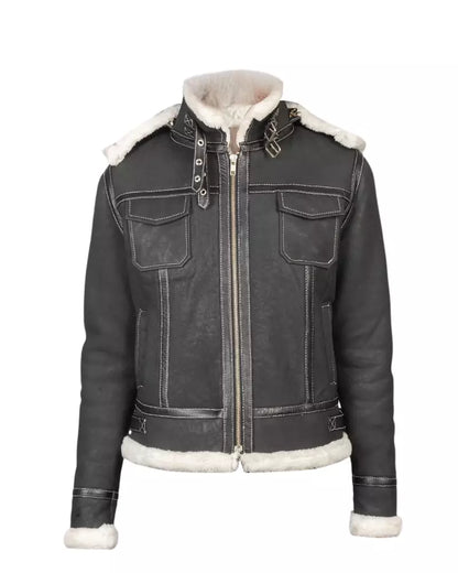 Women’s Black Hooded Shearling Leather Jacket