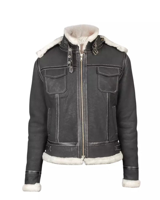Women’s Black Hooded Shearling Leather Jacket