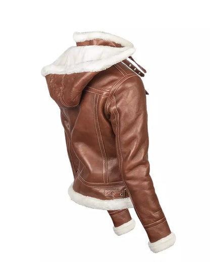 Women’s Brown Hooded Shearling Leather Jacket