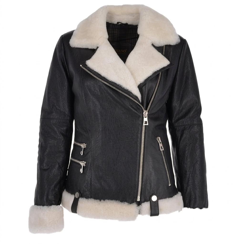 Women's black shearling biker leather jacket front view showing contrast white fur lapel, asymmetrical zipper, and zippered pockets.