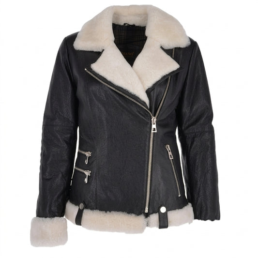 Women's black shearling biker leather jacket front view showing contrast white fur lapel, asymmetrical zipper, and zippered pockets.